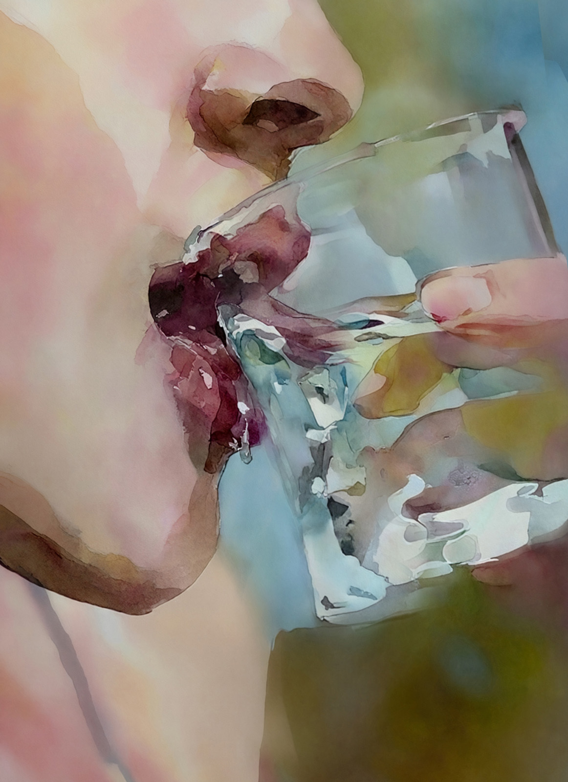 206-1963- Frau-und-ein-Glas-Roks-Lippen-original-unikat